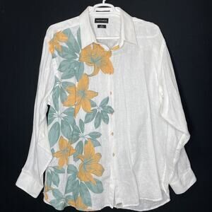 Paul Fredrick Linen Button Shirt Size XXL White Yellow Finest Pure Linen Floral